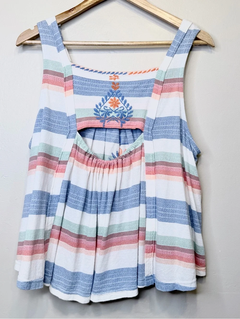 FP | Cotton Multicolor Vintage Striped Floral Embroidery Cropped Swing Tank Top - Picture 5 of 13